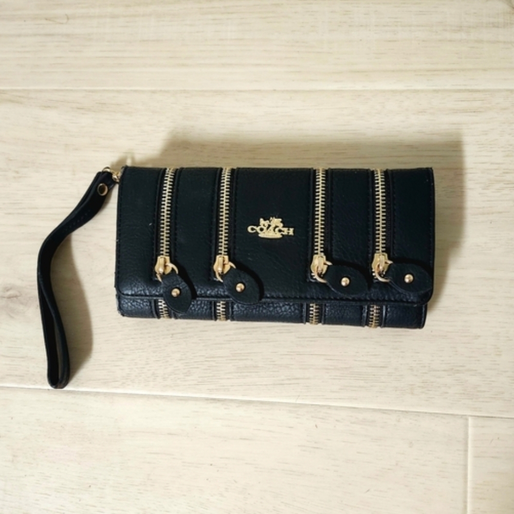 Coach | Black Leather Wristlet with Gold Accents